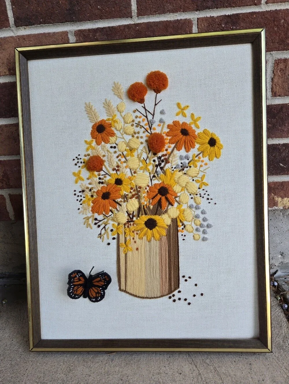 18.5x15 Framed Vintage 70s crewel embroidery wall art piece 